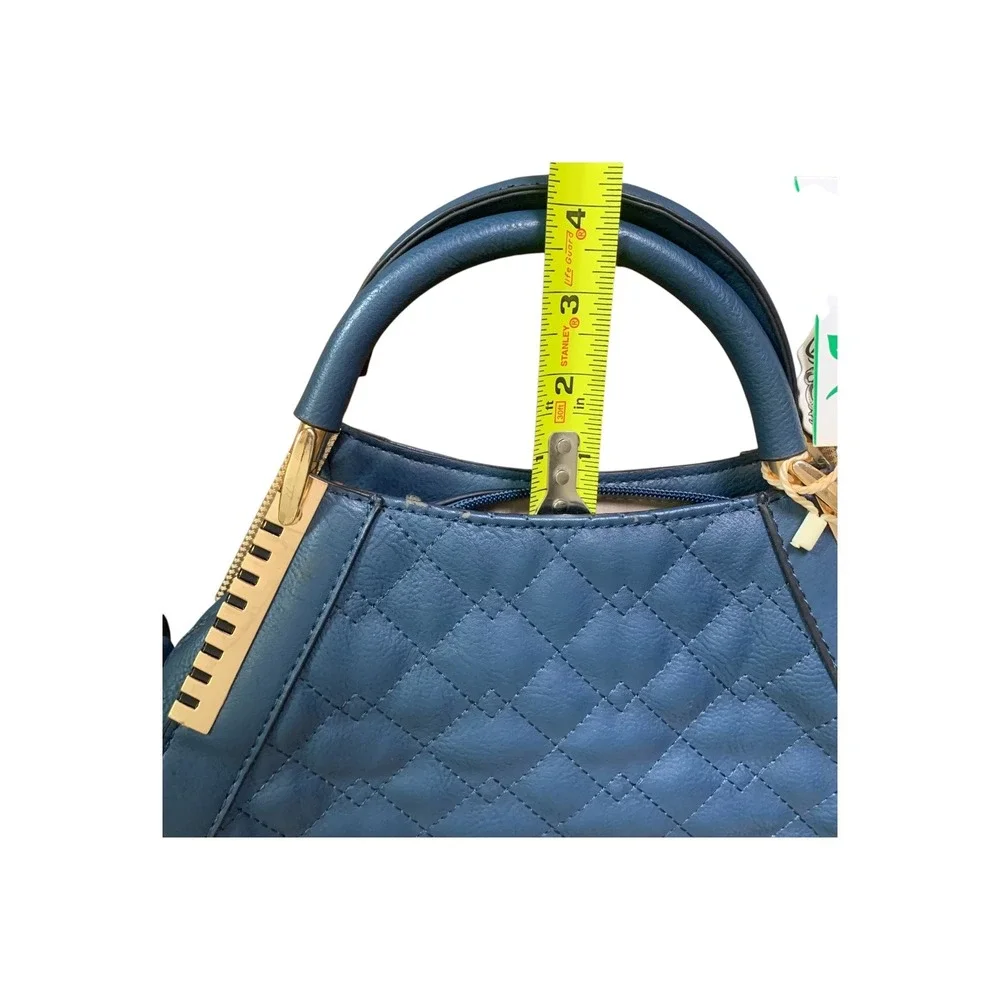 Alyssa Vegan Faux Leather Quilted Satchel Handbag Blue Gold Hardware